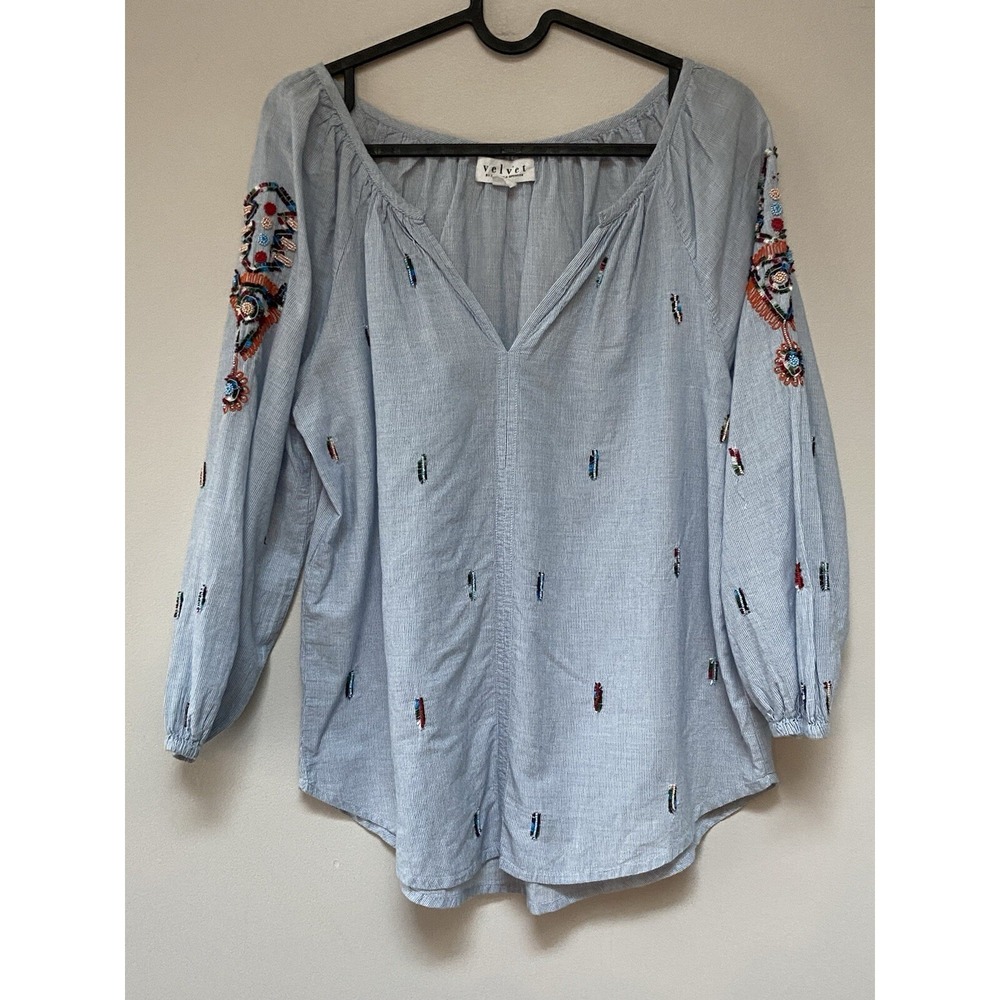 VELVET Graham & Spencer Anthropologie Womens Peasant Embroidered Shirt Small